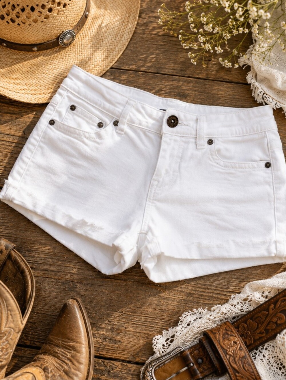 Shyanne White Denim Shorts Women's 28 Stretch Mid Rise Western Cowgirl Festival - Picture 1 of 9